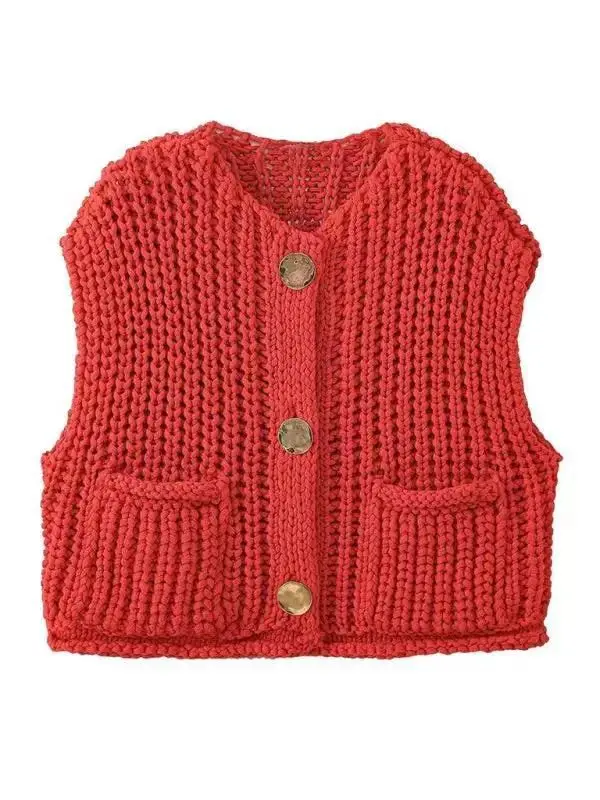 Women\'s Chunky Vest Red Soft Knit Gold Button Pocket Front Sleeveless Cozy Sweater Vest Cardigan Top Street Style Outfit