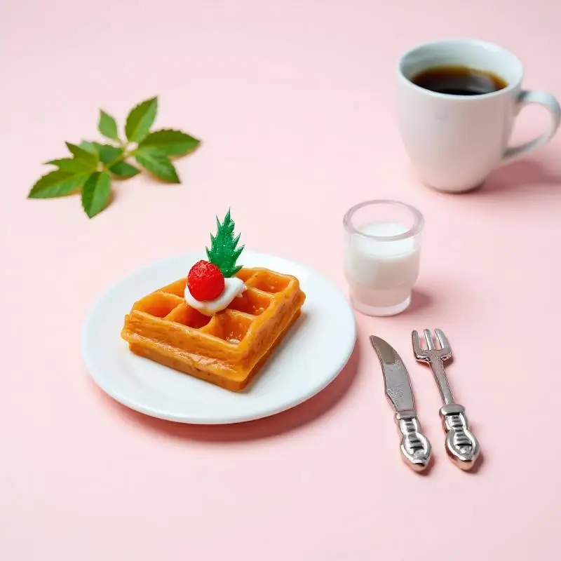 ドールハウス用ごっこ遊びデラックス4点セット - ミニ手作りキッチンワッフルミルクフードおもちゃとシーン小道具付き