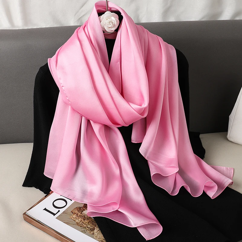 2024 Luxury Brand Silk Scarf for Women Large Shawl Wrap Headband Solid Design Hijab Beach Stoles Female Foulard Echarpe Bandana