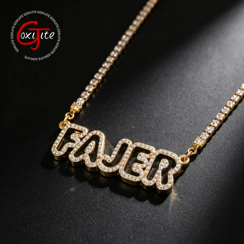Goxijite Custom Stone Name Necklace With Tennis Chain Stainless Steel Cubic Zirconia Nameplate Pendant Jewelry Gfit For Lover