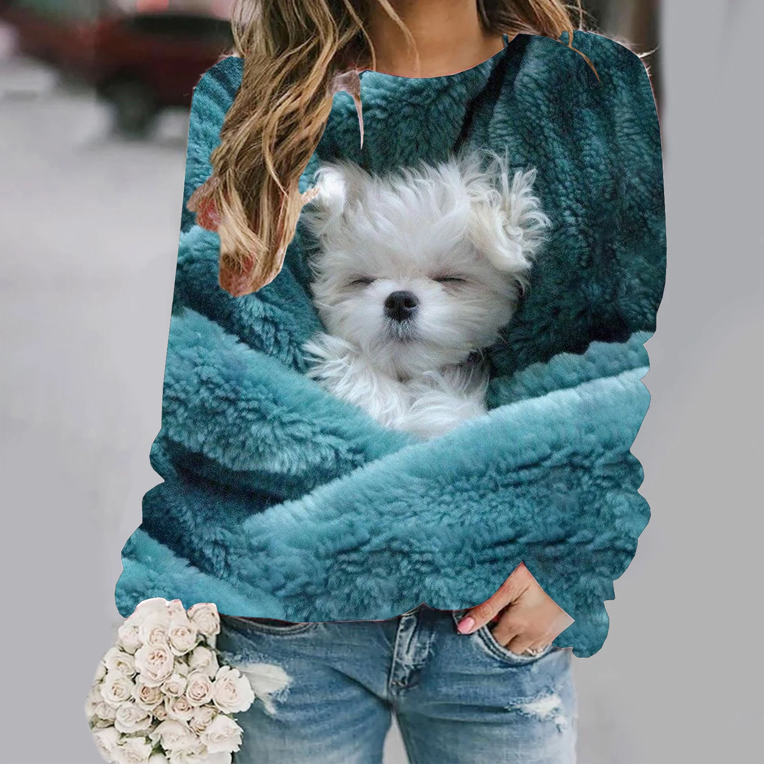 Lovely dog Sweatshirt Soft and Comfortable Long Sleeve Crew Neck Design for Casual Wear - Perfect for Ladies and Girls Wom