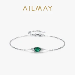 Ailmay 925 Sterling Silver Oval Green Zircon Chain Bracelet Sparkling Accessories For Women Wedding Party Elegant Lady Jewelry