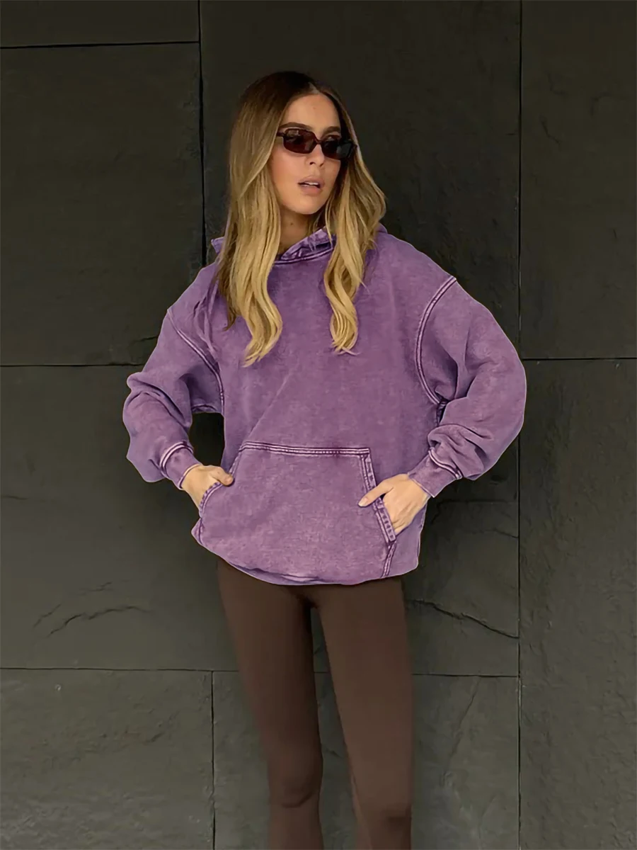 Bornladies Women's Hooded Sweatshirt Retro Long Sleeved Pullover Hooded Sweatshirt Loose Fit Casual Fashion Hooded Sweatshirt
