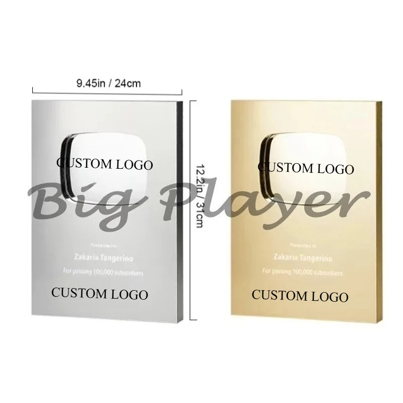 أروع هدية جائزة YouTube، زر تشغيل مخصص، لوحة جائزة معدنية ذهبية فضية