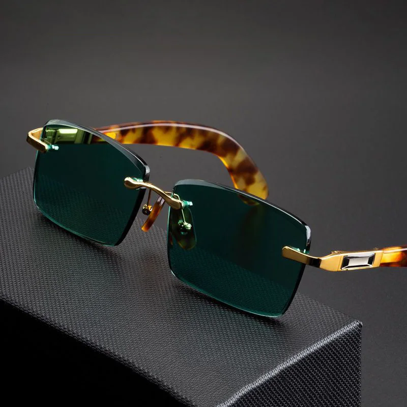 150mm Glass Lens Sunglasses Male Vintage Rimless Sun Glasses for Men Natural Crystal Green Oversized Glasses Anti Scratch Heavy