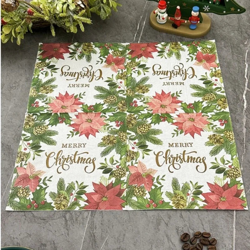 Christmas Decoration Colourful Tissue Paper Company Party Original Wood Pulp Flower Printed Napkin Square Facial Tissue Paper