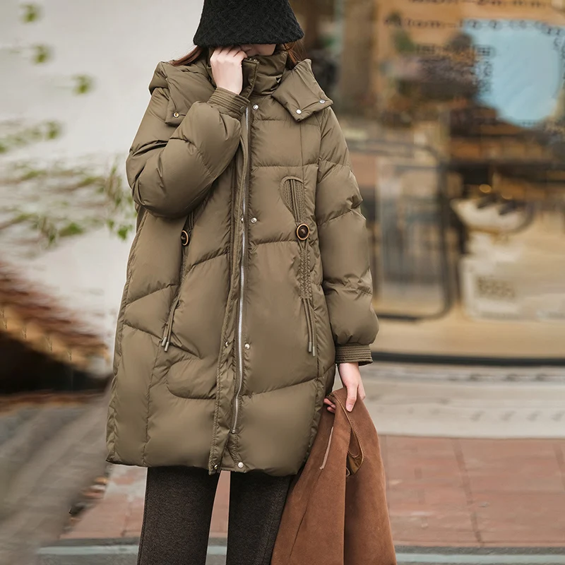 Schinteon Women Down Jacket Casual Korean Style Autumn Winter Thick Warm Outwear with Hood White Duck Down Long Coat 2024 New - Image 3