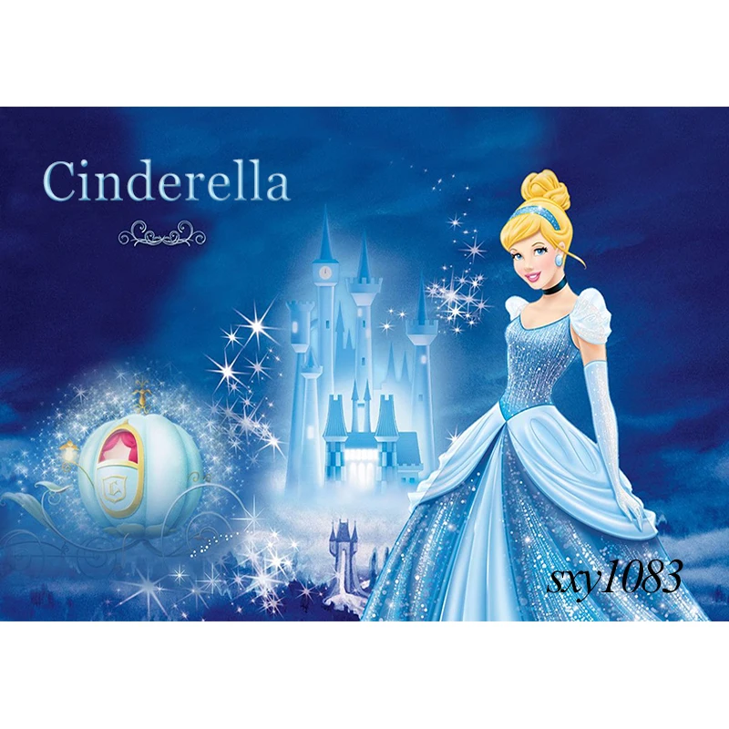 Blue Dress Blonde Princess Cinderella Backdrop Girls Birthday Party Decor Banner Clock Background Baby Shower Photocall