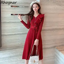 Flounced Edge Pleated Knitting Dresses Women Spring Autumn V-neck Long Sleeve Mid-calf Thicker Slim Fashion Elegant Soft Casual