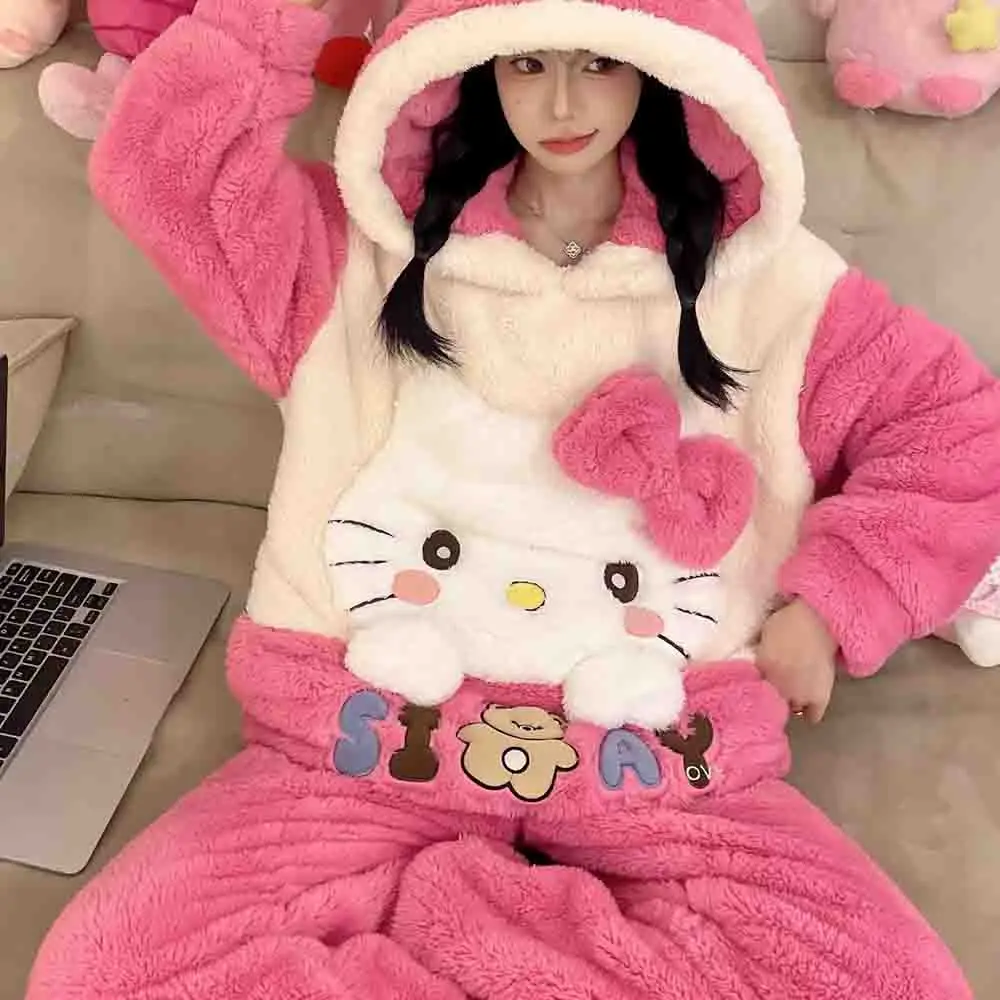 Hello Kitties Kuromi Women's Cartoon Long Sleeve Warm Coral Velvet Pajama Girl Cute and Comfortable Warm Home Clothing Set Gift - view 5