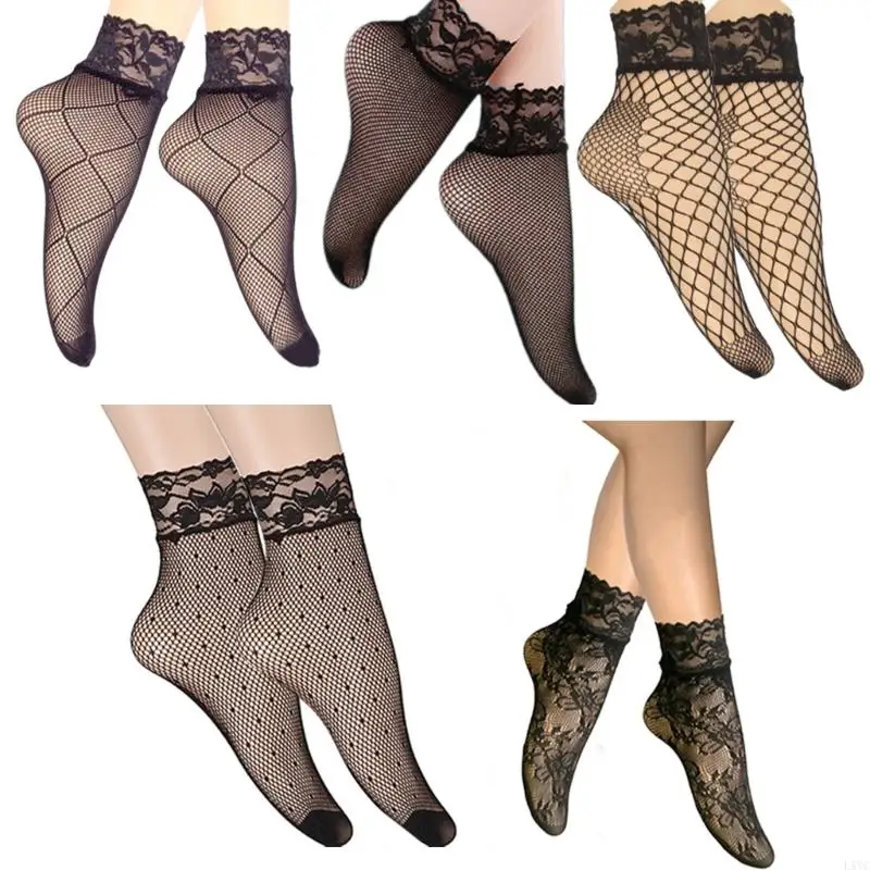 

L5YC Sheer Mesh Lace Trim Pattern Ankle Socks For Women Lightweight Summer Footwear Elegant Black Colors 5 Pairs Pack