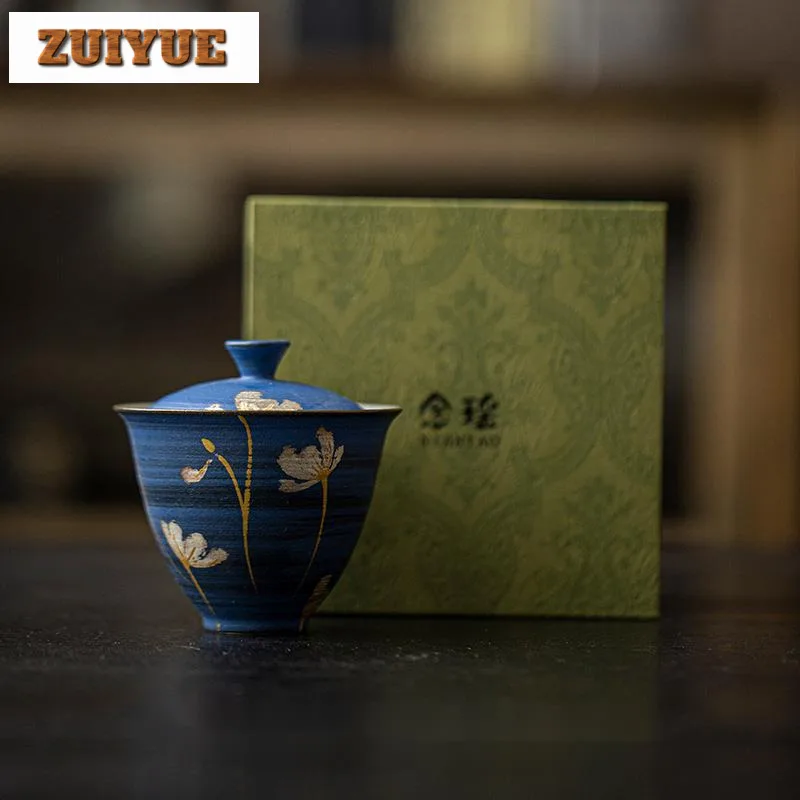 

130ml Handmade Klein Blue Powder Gaiwan Hand Painted Flower Rough Pottery Tea Tureen Tea Brewing Cover Bowl Cafes Ornaments Gift