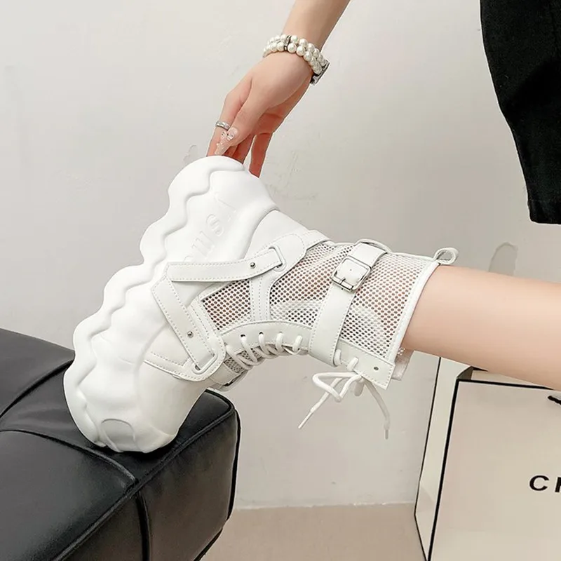 New Summer Women Thick Soled Mid-Calf Cool Boots Outdoors Lady Casual Hollow Shoes Female Breathable Mesh Boot White Botas Mujer view 6