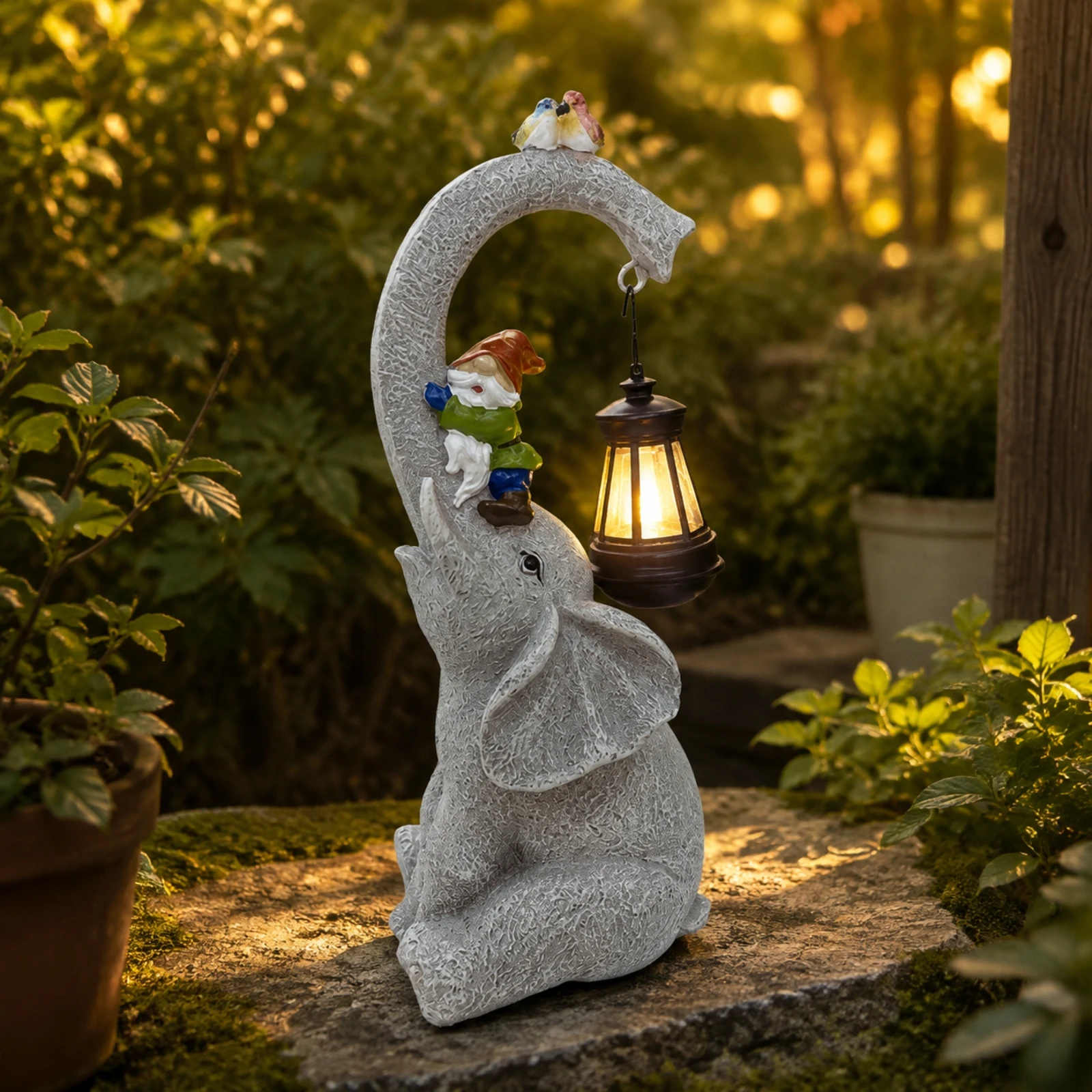 Elephant Garden Statue with Elf Passenger Textured Seated Elephant Statue with Hanging Lantern Energy-Efficient Easy to Use