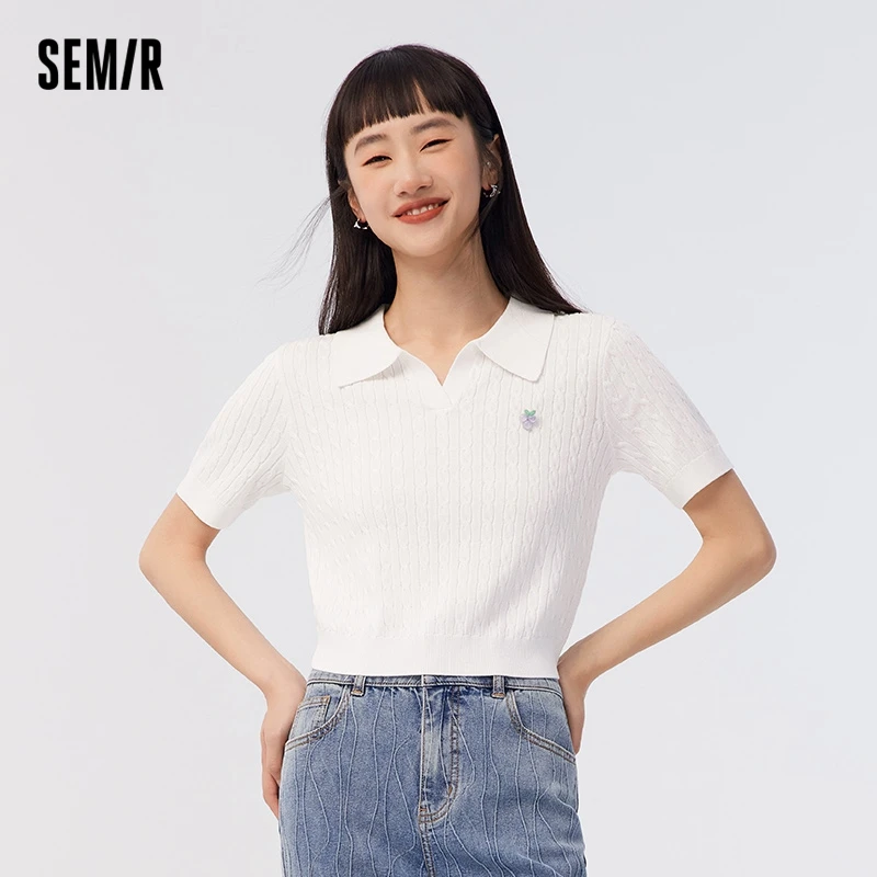 Semir Women Short Sleeve Sweater Short Fit Sweetheart 2024 Summer New Twisted Blossom Sweater Soft Style