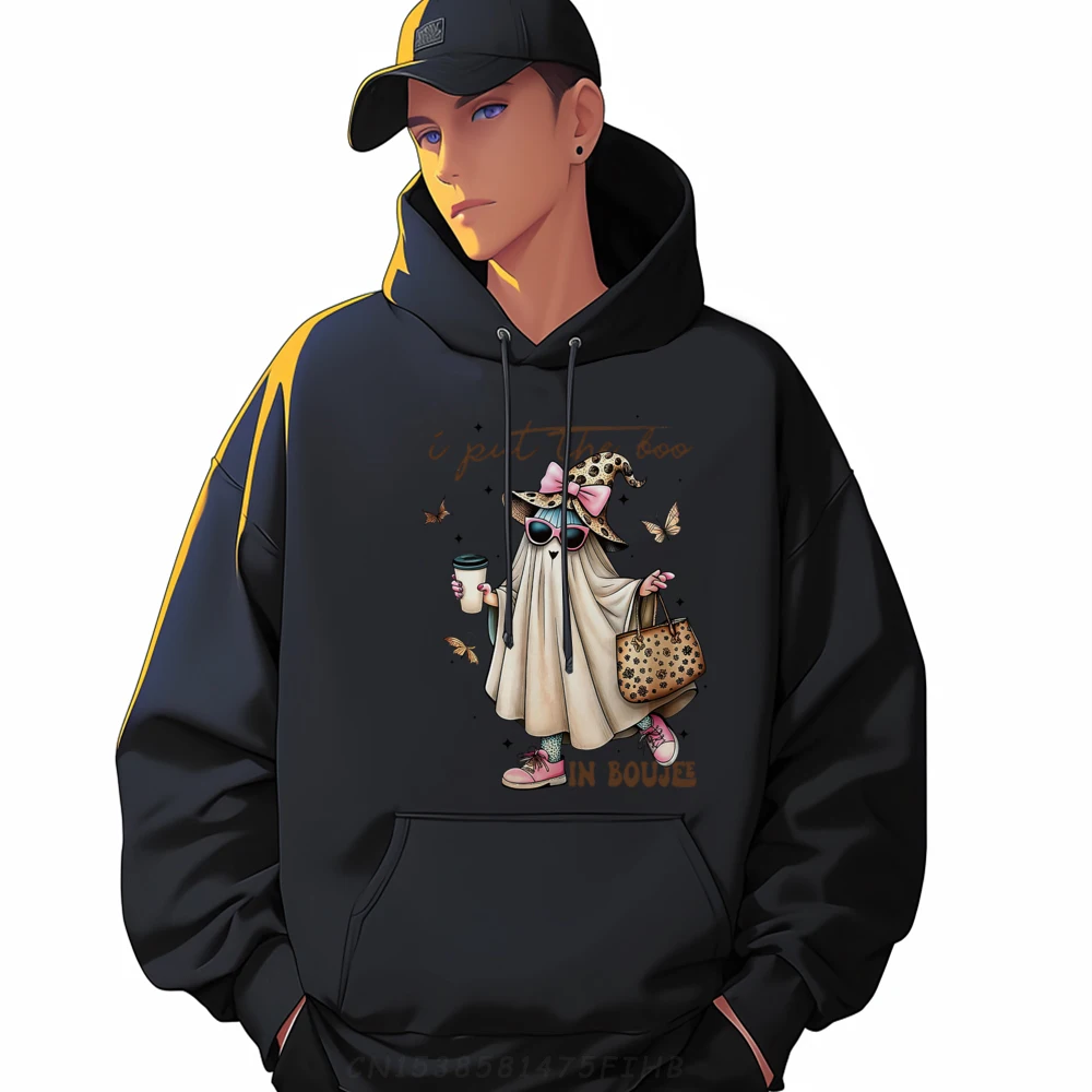 I Put The Boo In Boujee Ghost Bow Halloween Leopark Coffee Hiphop Streetwear Hoodies Men Vintage