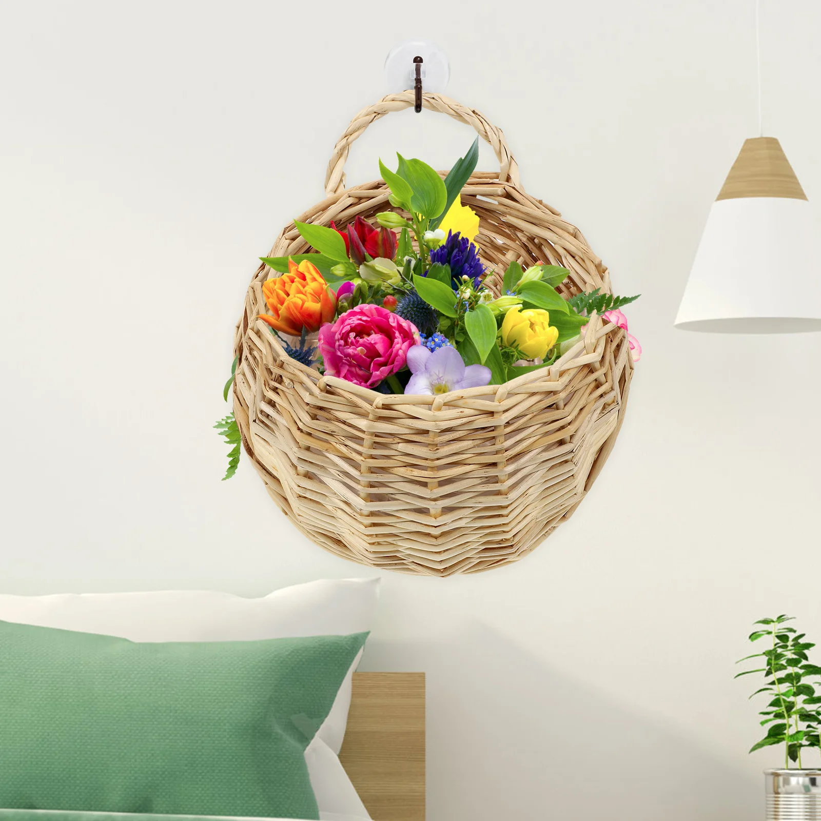 

2 Pcs Wall Hanging Rattan Flower Basket Fruit Vegetable Flowers Holder Kitchen Sundries Storage Artificial Plants Indoor