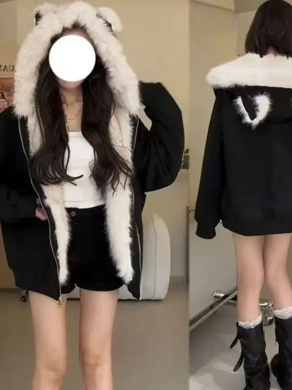 

American Sle Fce Lined Thiened Cotton Jaet Coat with Hat for Women Cute Small Size Winter Outerwear Coat