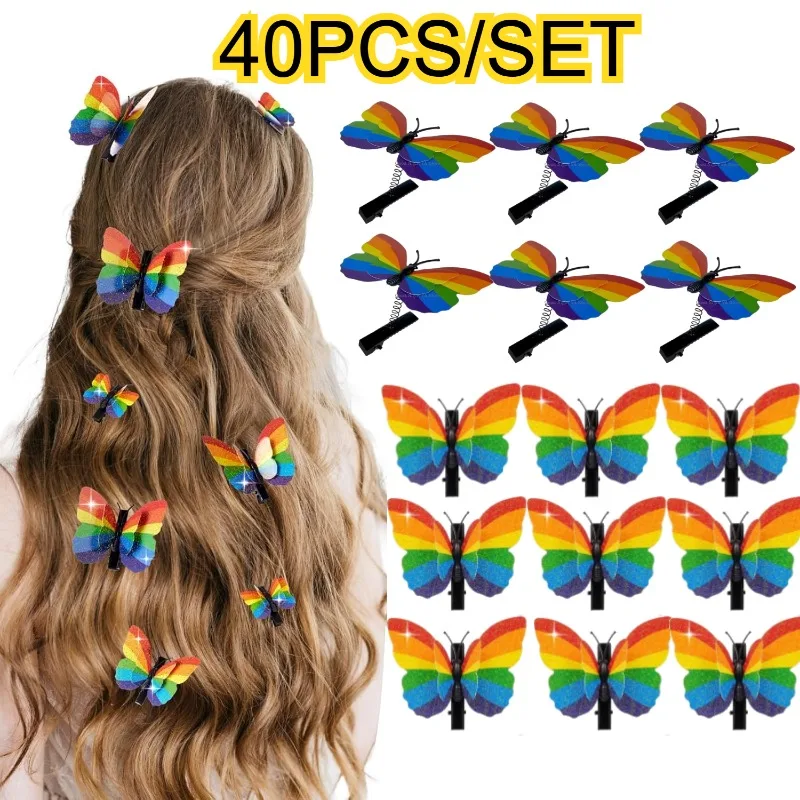 

40PCS Pride Rainbow Glitter Butterfly Hair Clip with Foldable Wing for Pride Parade,Rainbow Hair Clips for LGBTQ Day Celebration