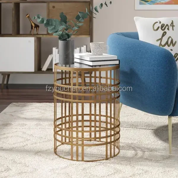 Luxury Living Room Furniture Set of 2 Gold Mirror Top Nesting C Shape Metal End Tables for Home Decor