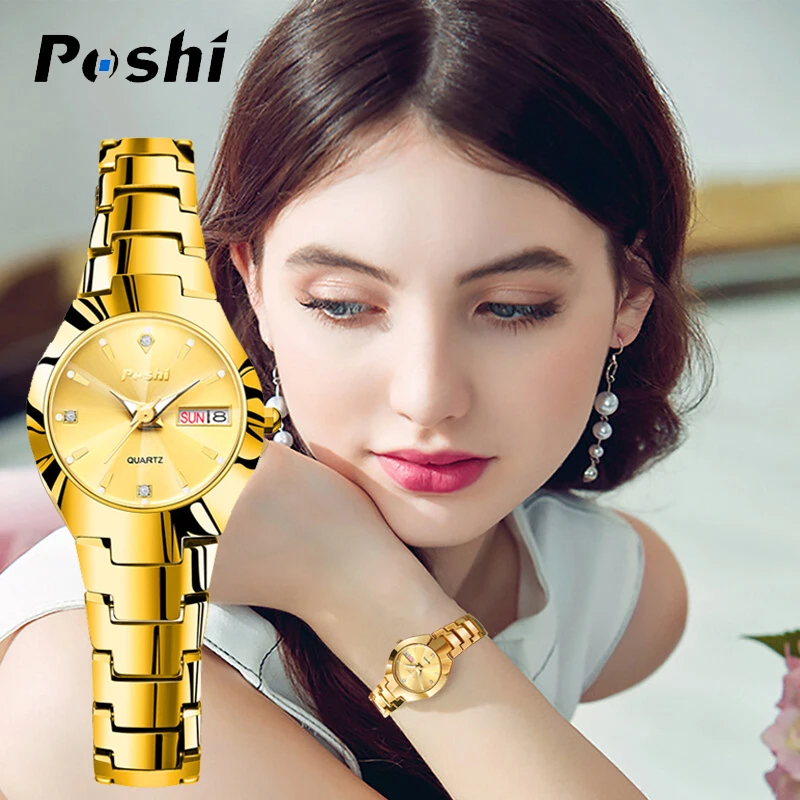 

Swiss Brand POSHI Women Watch Stainless Steel Simple Waterproof Luminous with Date Week Quartz Watches Elegant Bracelet for Gift