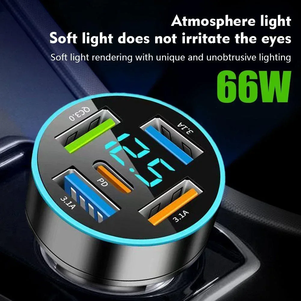 

4 Port USB PD Car Fast Charger Quick Charge Type C QC3.0 Adapter Socket Splitter LED Display Monitors Car Battery Voltage In Rea