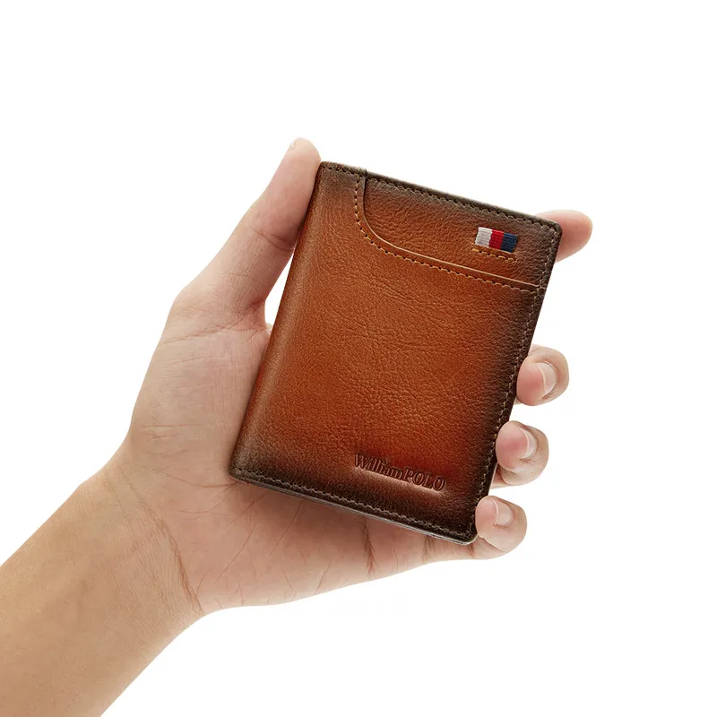WILLIAMPOLO Leather Men's Card Holder Wallet Thin Retro Card Cover Mini Purse Short Ultra-thin Card Bag Wallet men Purse
