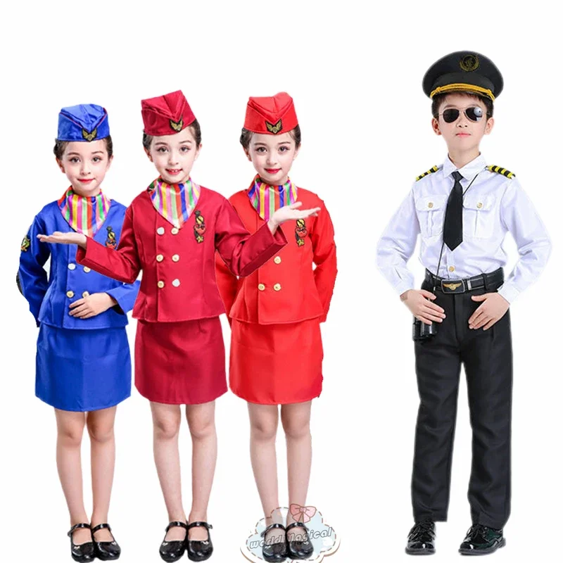 Party Kids Aviation Uniform Cosplay Costume Pilot Stewardess Captain Plane Man and Woman Kid Flight Attendant Cosplay Costume