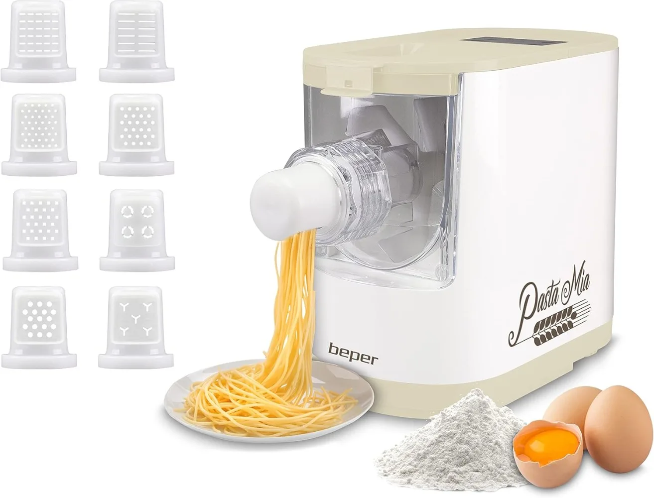 BEPER P102SBA500 Máquina Automática para Pasta Fresca, Máquina para hacer Pasta,200W, 320 g de Harina, 8 Trefiladores diferentes formatos, Pa