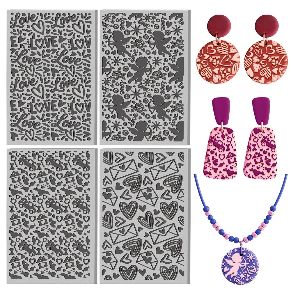 4 Pcs Valentine's Day Polymer Clay Texture Sheet Love and Heart Cupid Mail Rubber Clay Texture Mat for Handmade