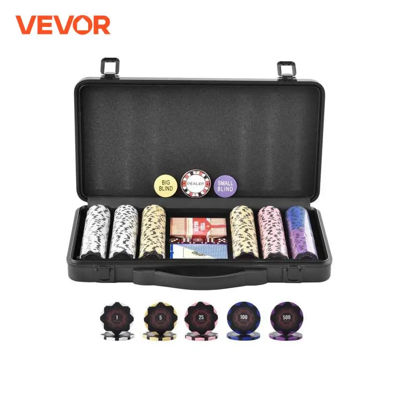 VEVOR Poker Chip Set Complete Poker Playing Game Set with 14 Gram Casino Clay Chips Cards Buttons and Dices for Texas Hold'em