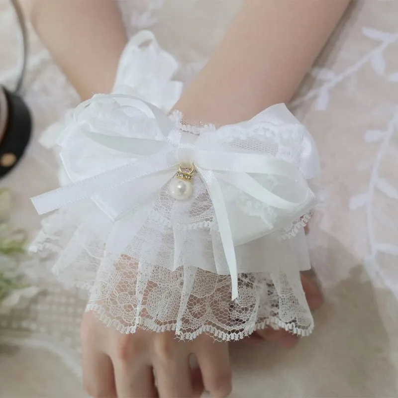 Lolita Accessories Sleeves Lace Edged Pearl Bow Bracelets Sweet Girl JK Wrist Set Cosplay Cuffs Elastic Glove Y2k Accessories