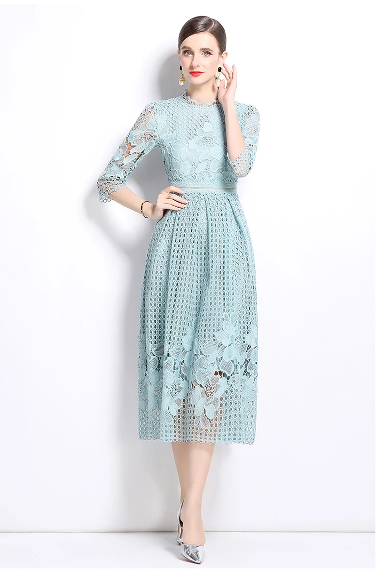 Women's Embroidery Lace Dress Short Sleeve Crochet Hollow out Midi Summer Formal Evening Gown for Birthday Party