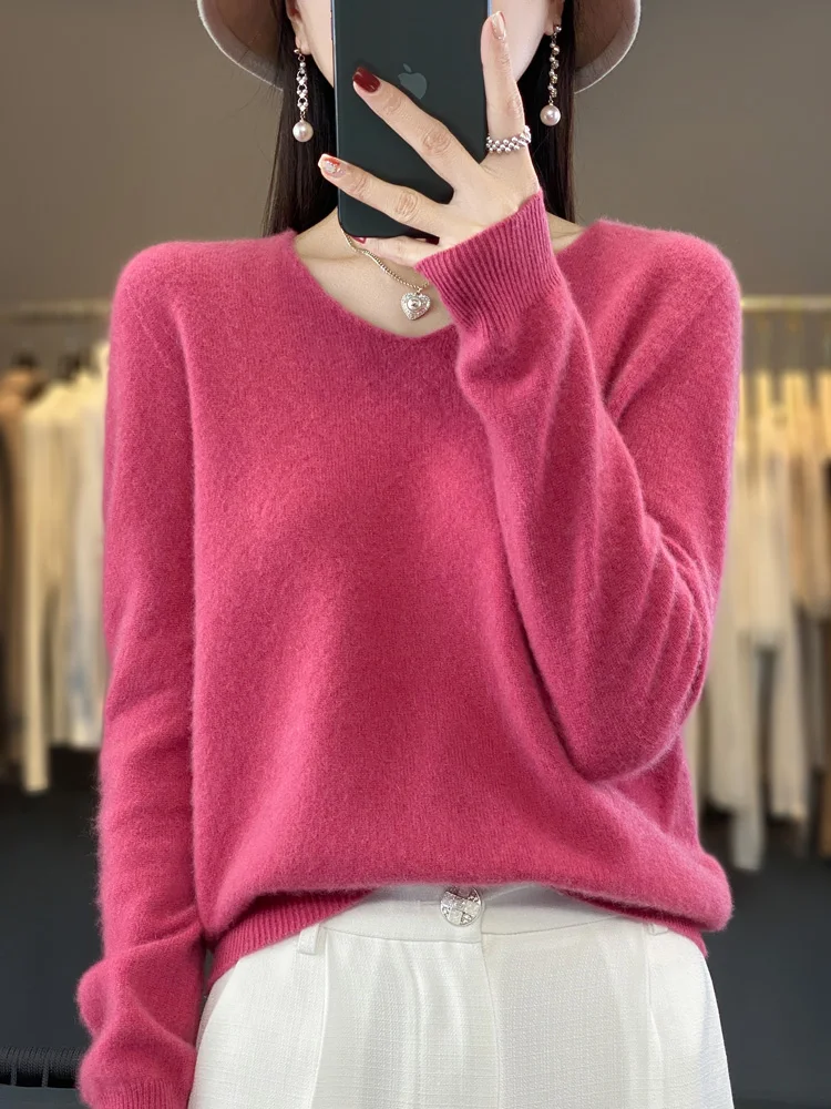 Pull à col en V en pure laine mérinos pour femmes, pulls en cachemire, base décontractée, vêtements pour femmes, mode printemps, automne, hiver, 100%