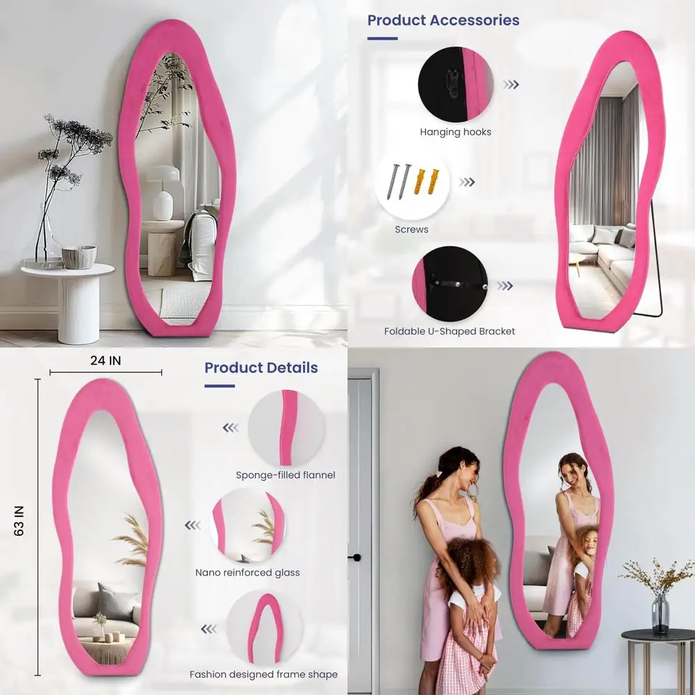 Espelho de chão inclinado de comprimento total montado na parede com moldura de flanela rosa 63x24 para formas irregulares do corpo