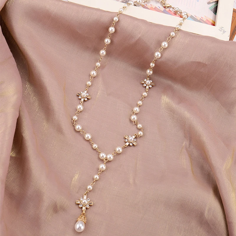 Koreański Fashion Pearl długi podwójny warstwowy naszyjnik sweter łańcuszek na akcesoria