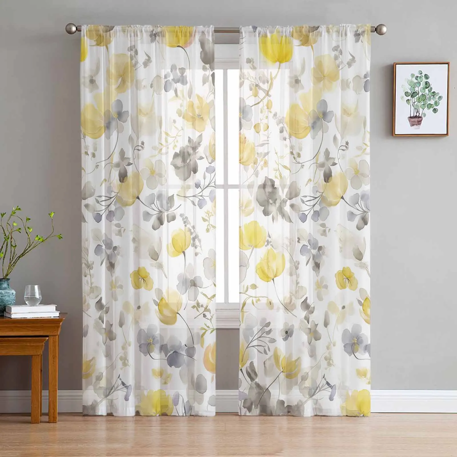 

Yellow Flowering Plants Window Treatment Tulle Modern Sheer Curtains for Kitchen Living Room Bedroom Curtains Decor