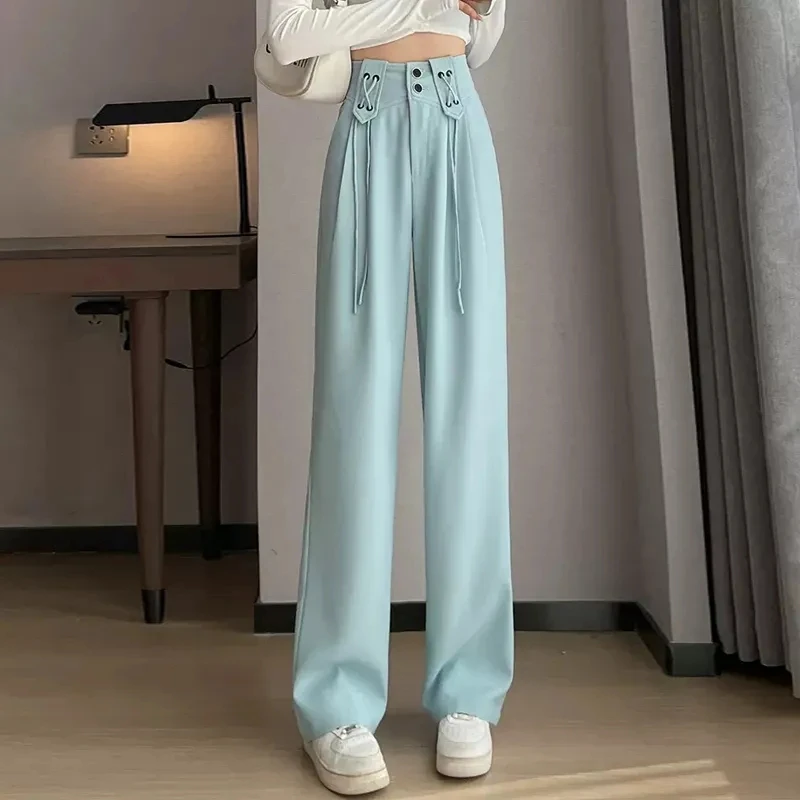 Light Blue Design With Drawstring Wide leg Straight tube Suit Pants Women's Spring Summer Trousers Lady High Waisted Pants