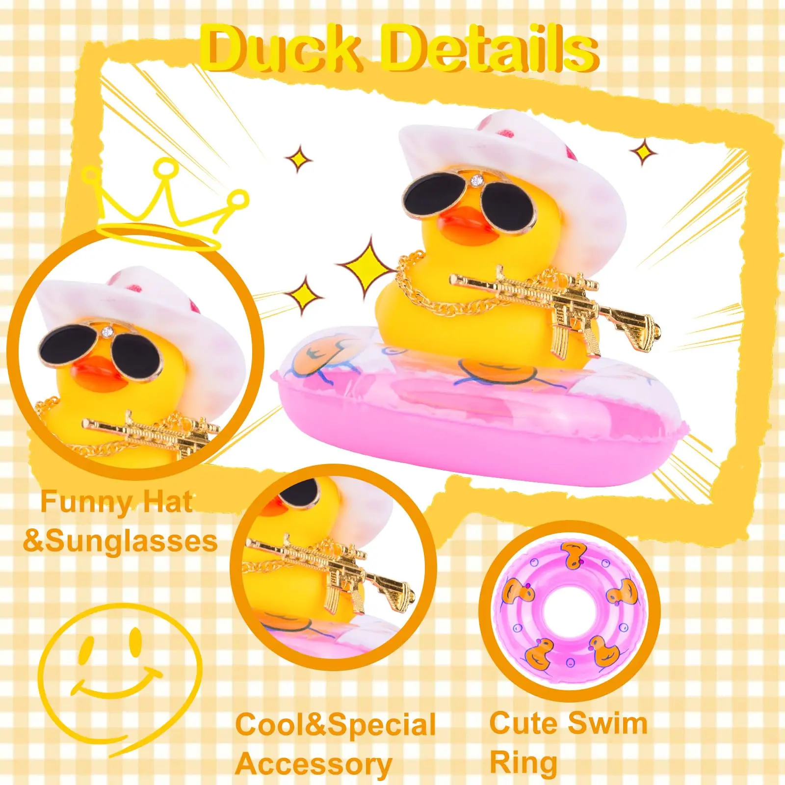 2 Set Car Rubber Duck Rubber Duck for Jeeps Ducking Decoration Dashboard with Sun Hat Swim Ring Necklace Sunglasses