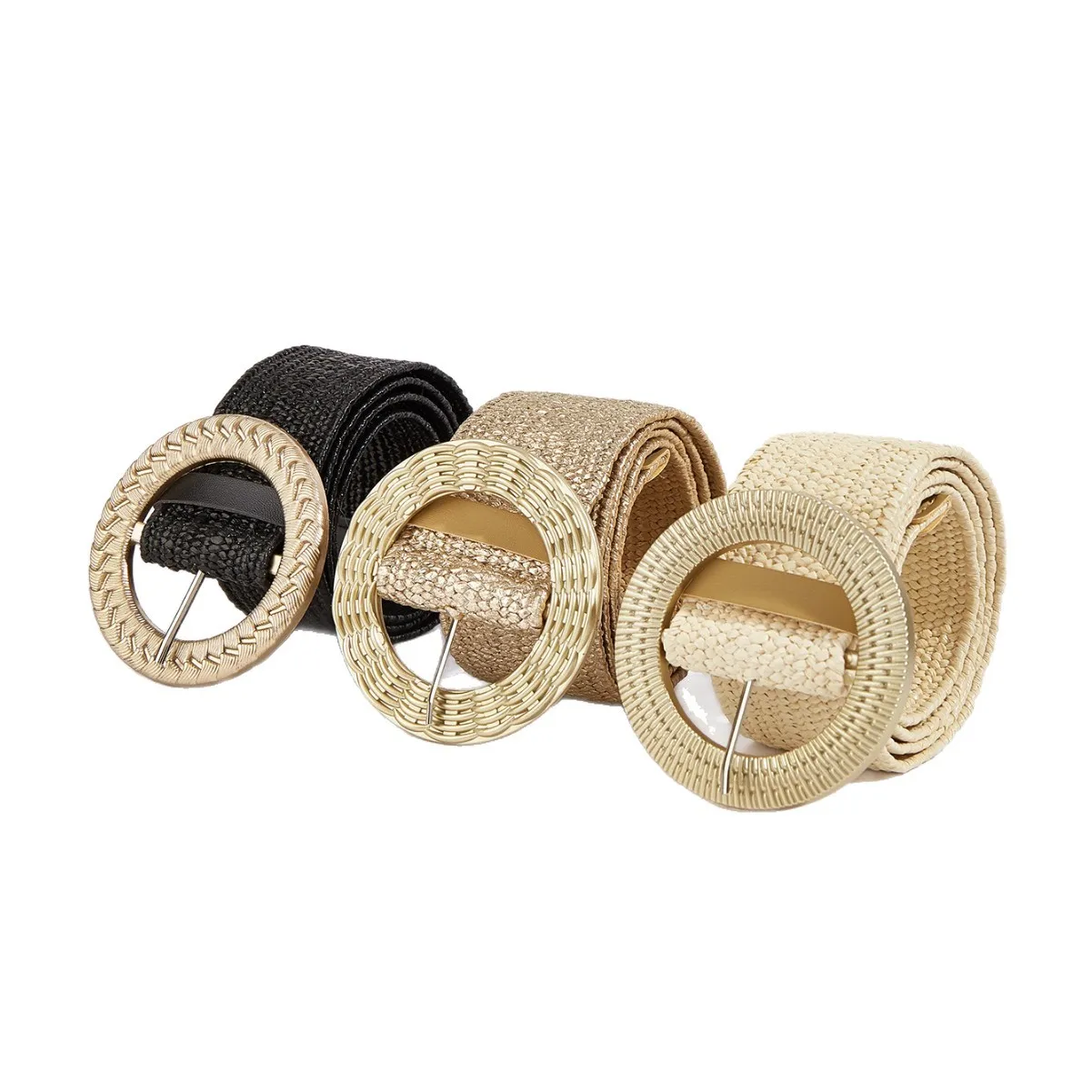 

Fashion Casual Bohemian Women Golden PP Straw Belt Wide Belt Summer Braided Waistbelt Buckle Elastic Female Straw Waist Belt