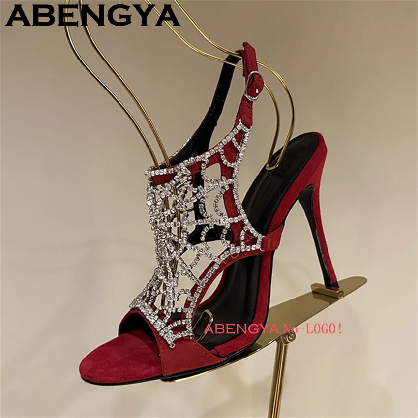 Summer Trendy Shiny Crystal Stiletto Sandals for Women Hollow Thin High Heel Slippers Quality Luxury Dress Party Women's Shoes