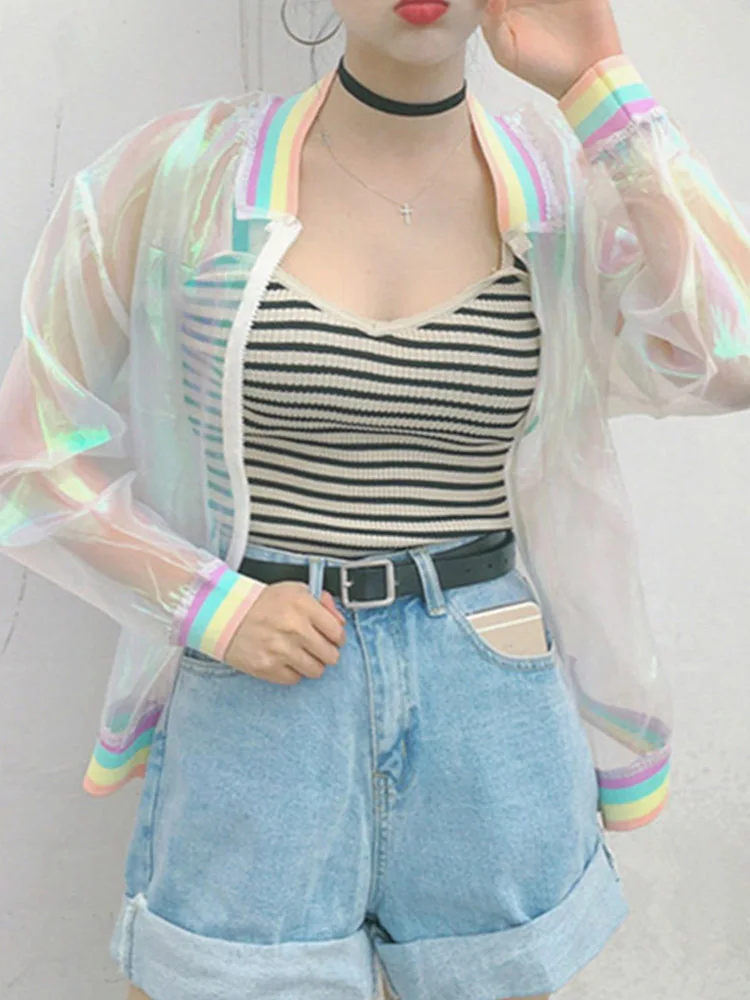 Harajuku Summer Women Jacket Laser Rainbow Symphony Hologram Women BasicCoat Clear Iridescent Transparent Bomber Jacket Sunproof