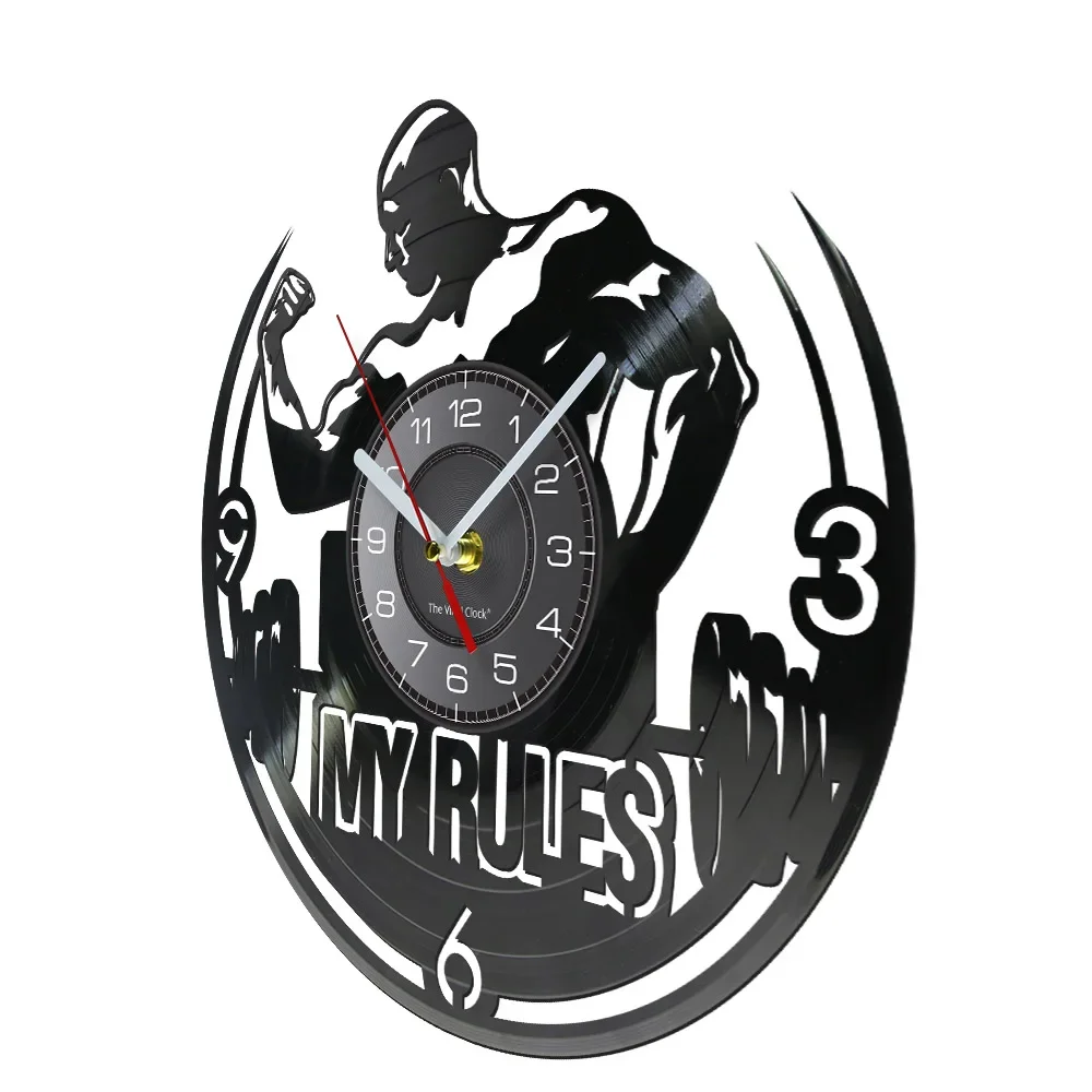 My Rule Motivational Quote Wall Art GYM Wall Clock Muscle Man Weighting Vinyl Record Wall Clock Fitness Center Decorative Clock