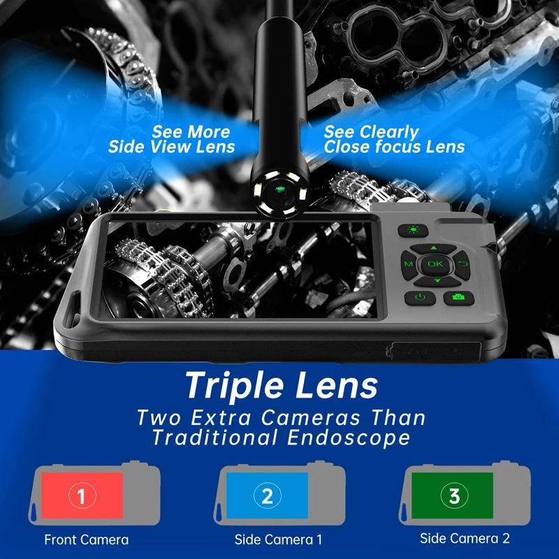 5\'\'IPS Full Color Endoscope Camera HD1080P Single Dual Triple Lens Autofocus Removable 1-15M Car Inspection Borescope Waterproof
