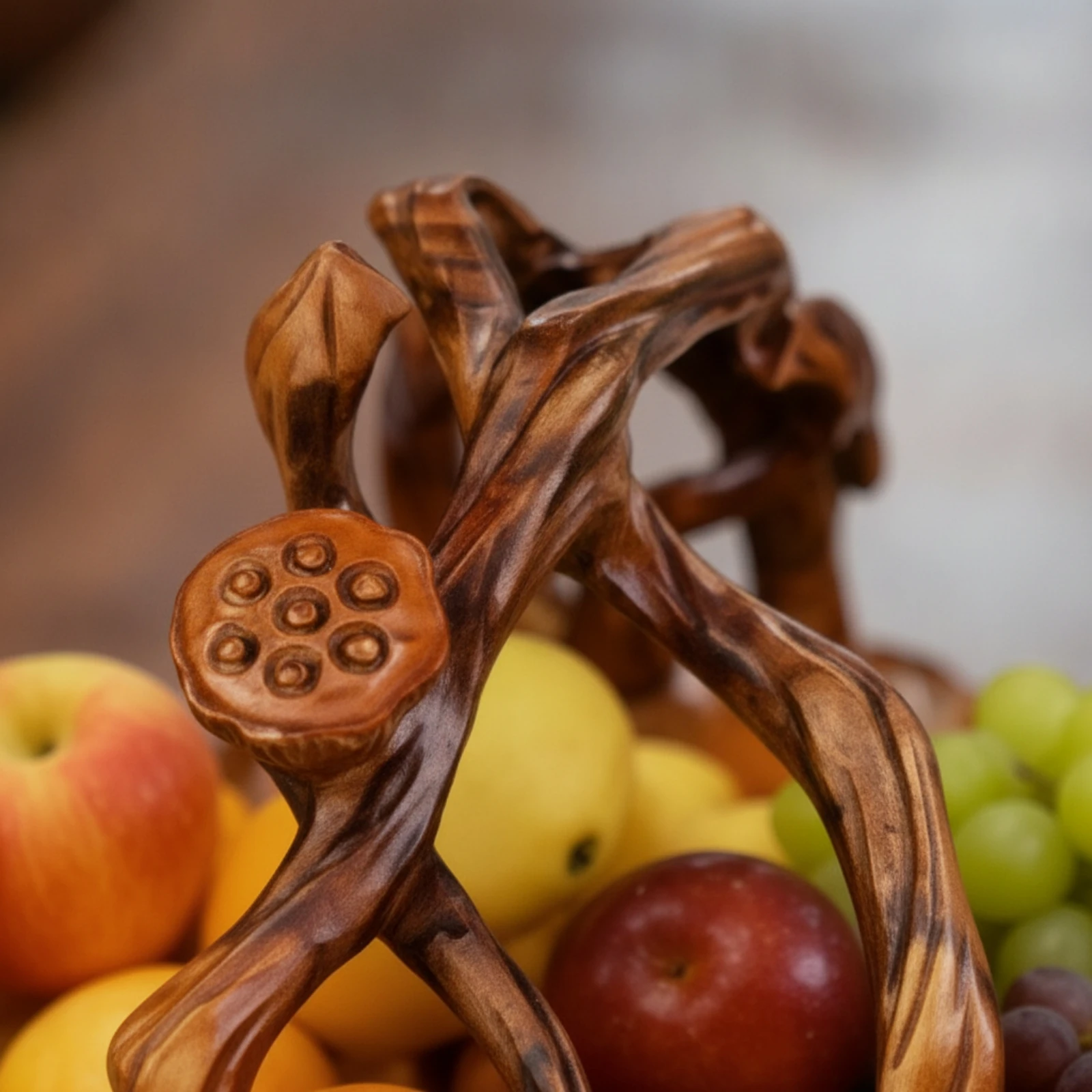 Carved Wooden Fruit Basket Artisanal Wooden Basket with Handle Fruit Bowl with Handle Decorative Centerpiece Rustic