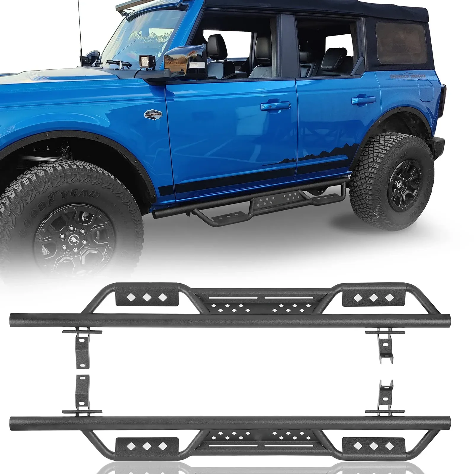 

NEWWIND Car Exterior Accessories Drop Side Steps Steel Nerf Bar Cross Running Boards for Ford Bronco 2021 2022 2023 4-Door