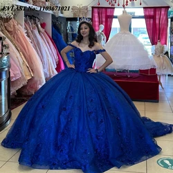 EVLAST Customized Royal Blue Quinnceanera Dress Ball Gown Lace Applique Beading Mexico Corset Sweet 16 Vestidos De 15 Anos SQ646