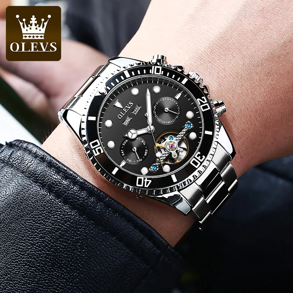 OLEVS 6605 Luxury Top Brand Automatic Watches for Men Skeleton Flywheel One-Way Rotation High end Mechanical Men\'s Wrist Watches