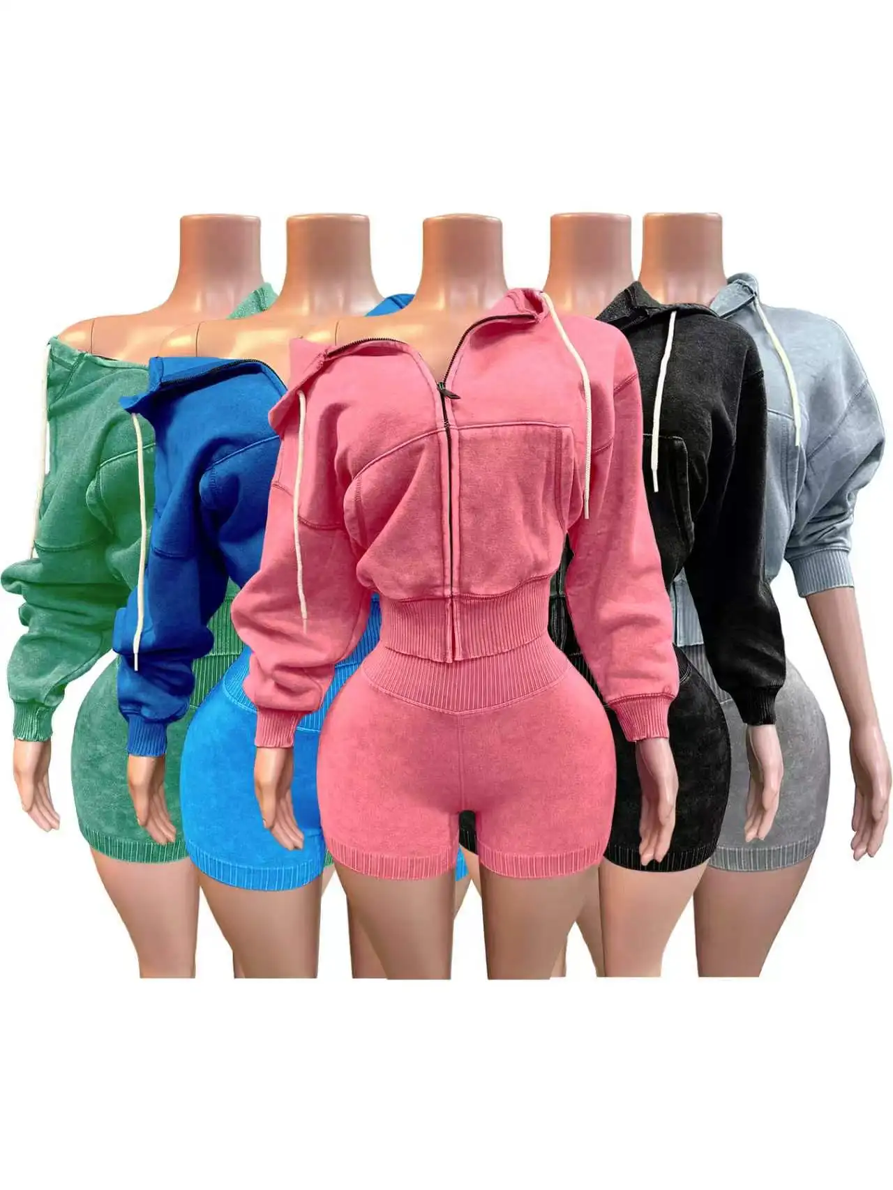 Casual Sport Trend Fitness Training Jogging Zipper Hooded Jacket Top Biker Short Two 2 Piece Set Short Set Track Suit Women Sets