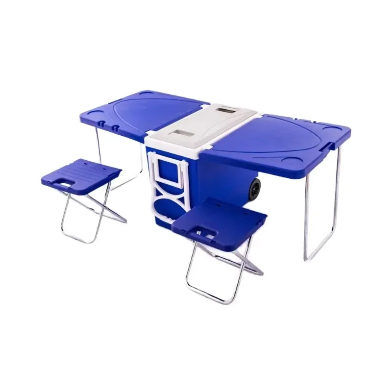 

Portable outdoor folding cooler multi-function insulated freezer with table and chairs, suitable for fishing and camping